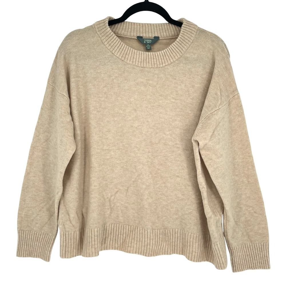 Terra & Sky Sweater Womens 1X Beige Oversized Crewneck Cozy Minimalist